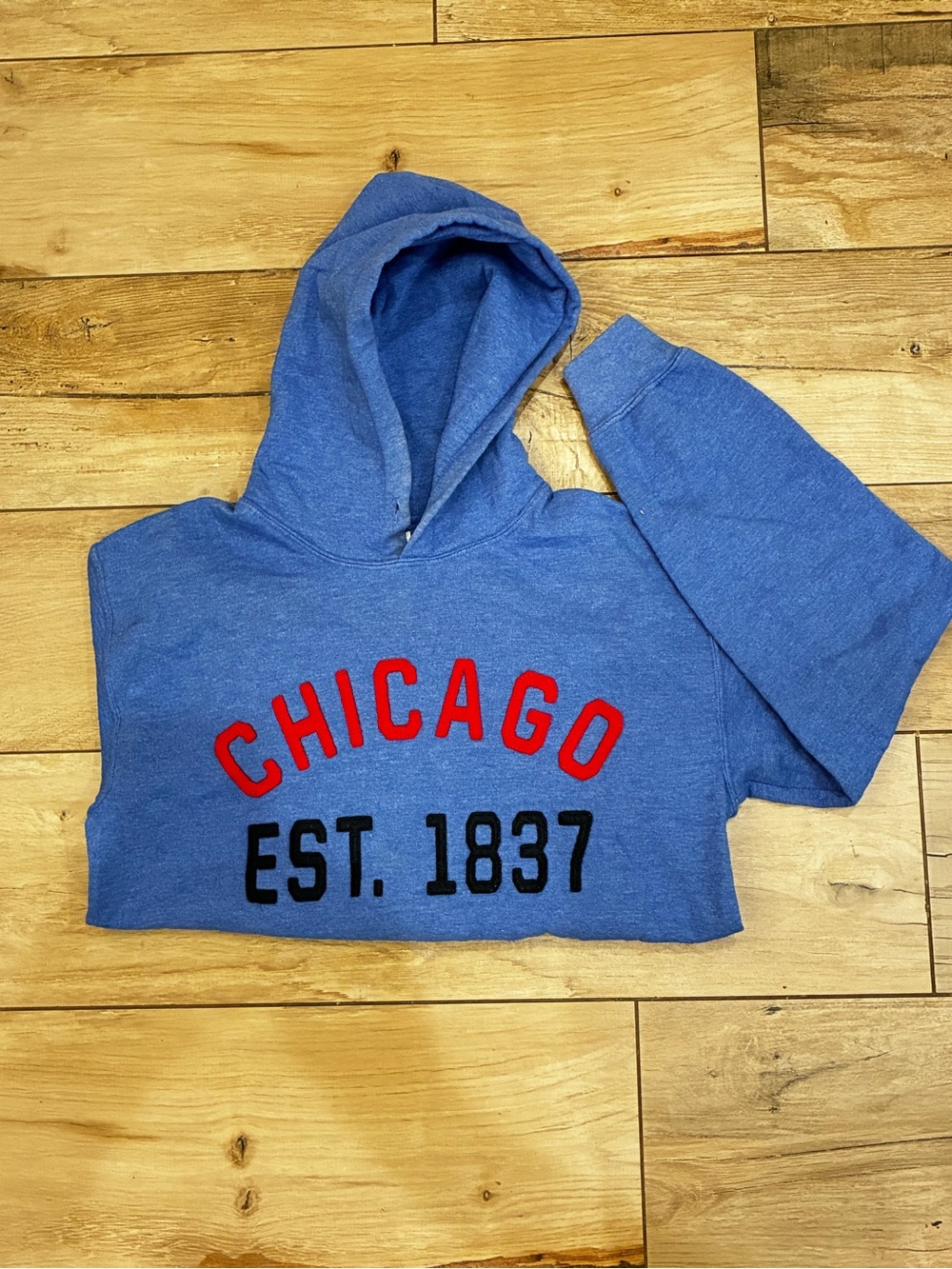 Gildan Royal Blue Hoodie with Red & Black Chicago EST. 1837 Appliqué